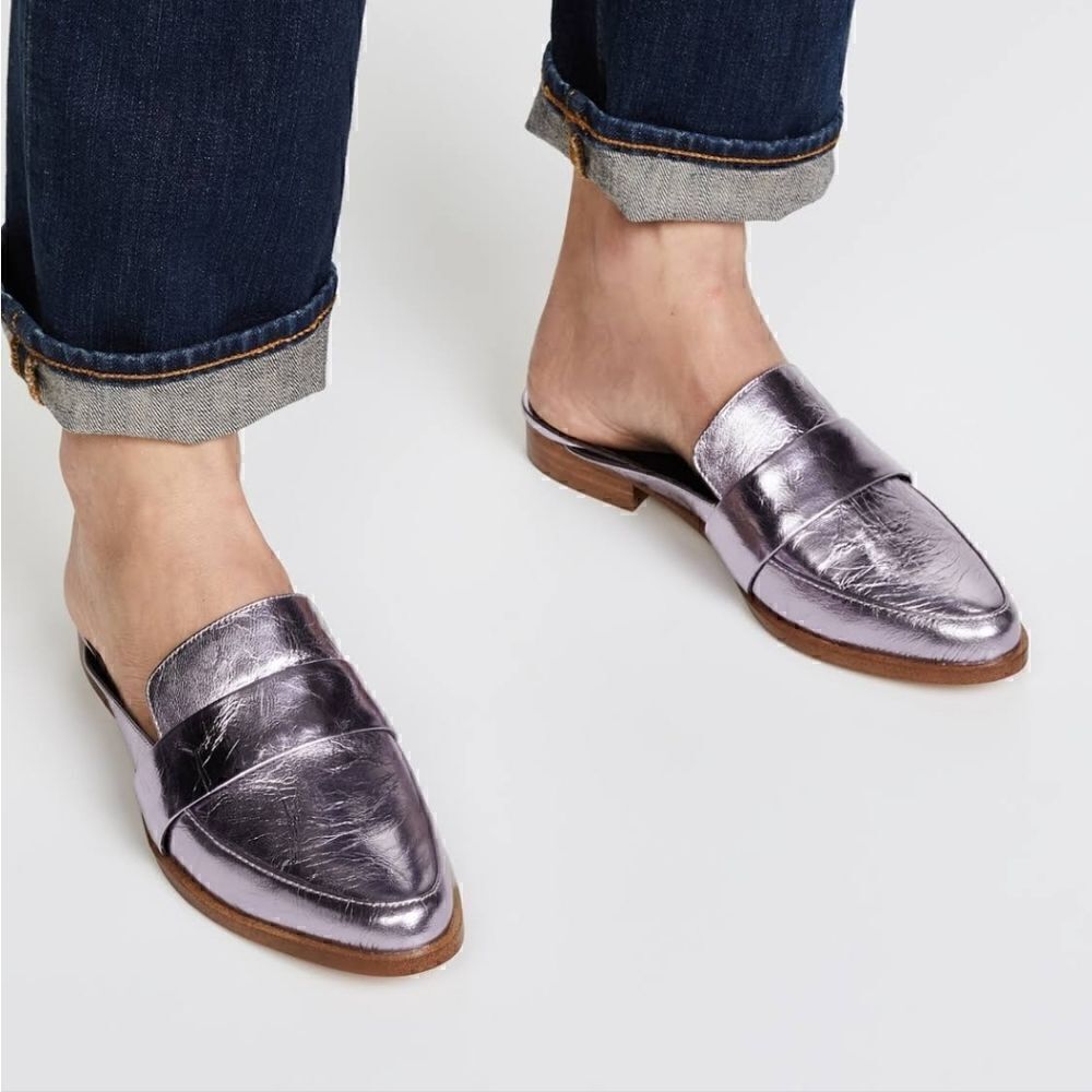 Rebecca Minkoff Mika Metallic Leather Mules Loafer Slides 8.5 w Dust Bag - Picture 3 of 16